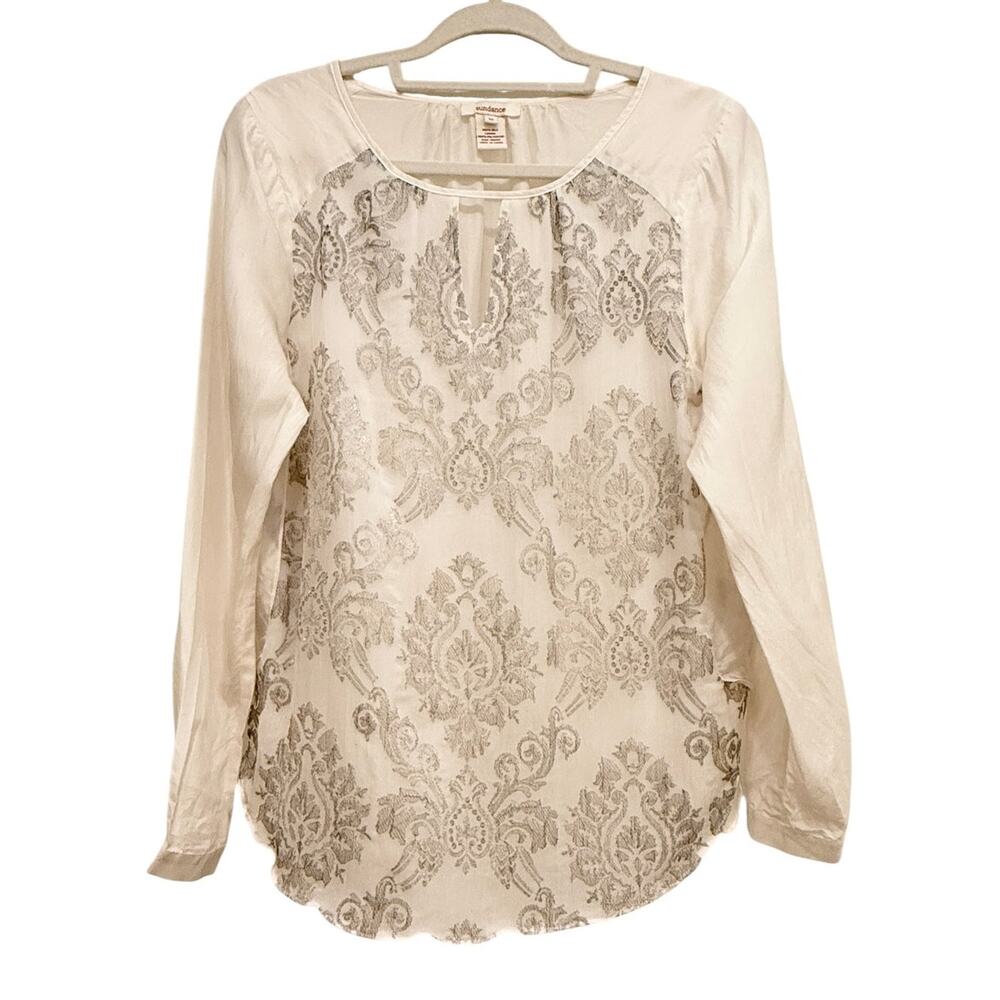 Sundance Silk Boho Paisley Print Peasant Blouse Ivory Taupe Medium